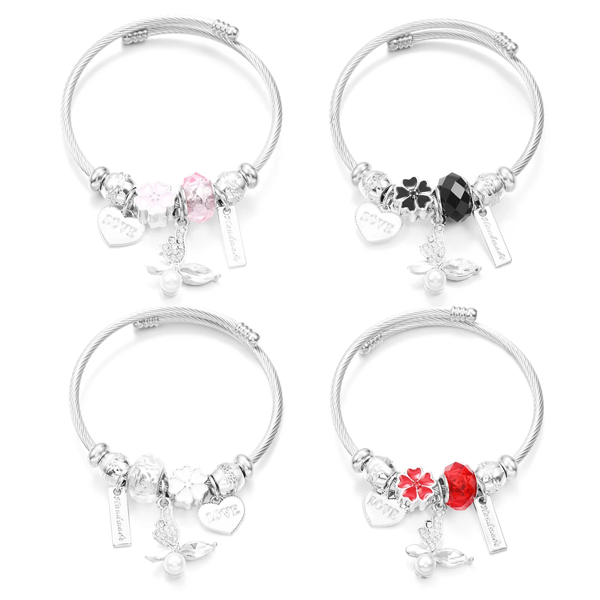 

Trendy Butterfly Pearl Crystal Heart Beaded Pendant Bracelet Stainless Steel 4 Colors Closure Bangles Women Bracelet Accessories