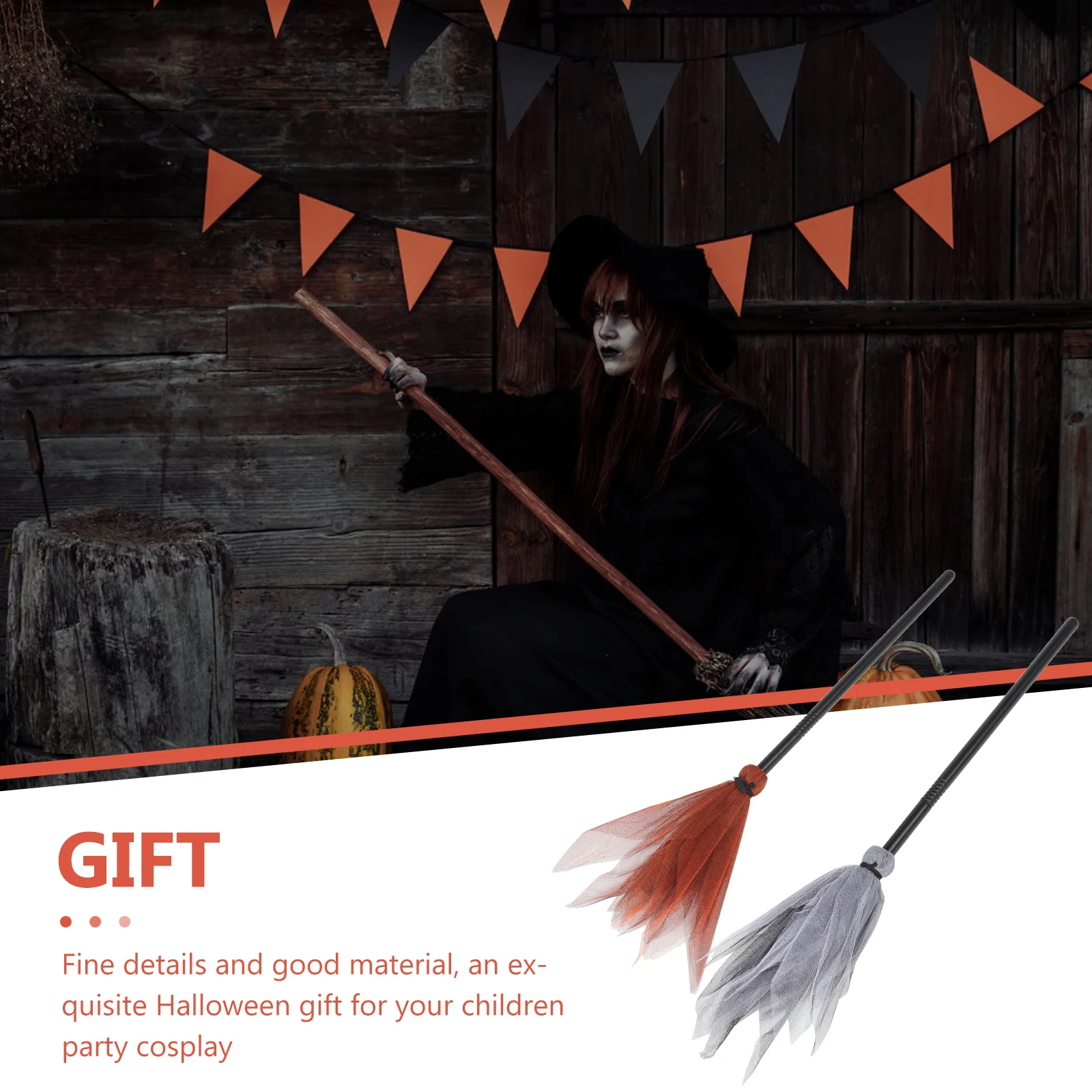 

2Pcs Witches Decor Halloween Mesh Witches Broom Prop Fine Details Good Material Costume Party Wizard Toy Kids Gift