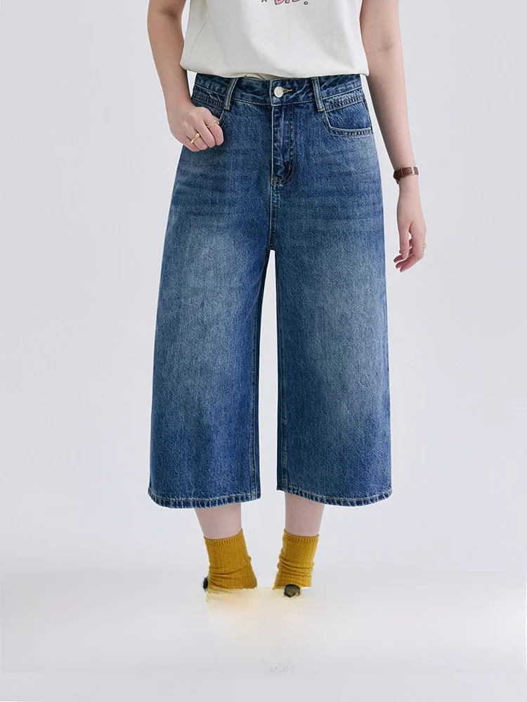 

High Waist Wide Leg Blue Jeans Capri Pants Women's Summer New Loose Trousers AMUU Island Casual Style Commute Scenarios