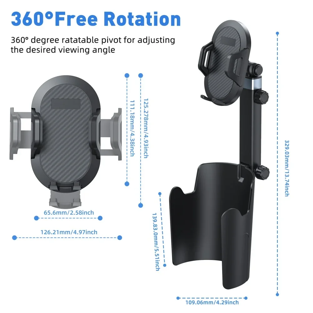 2 in 1 Car Cup Holder Universal Multifunction Extendable Mobile Phone Mount Stand 360° Rotation Adjustable Car Smartphone Holder