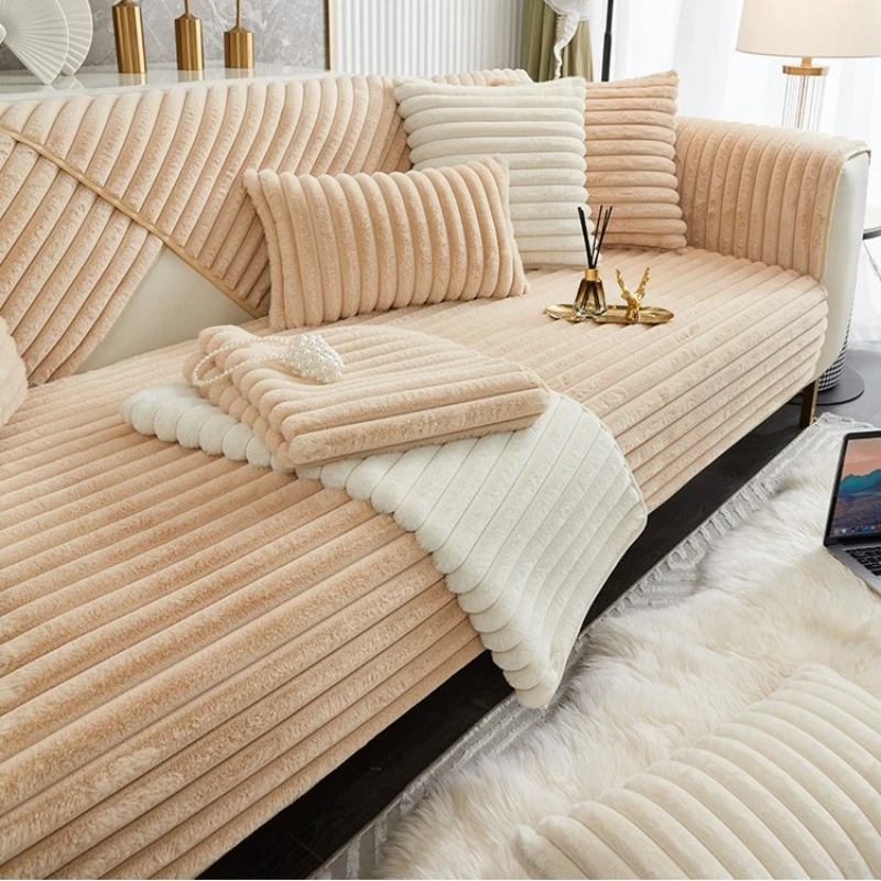 Verdickter Plüschstreifen-Imitat-Kaninchenfell-rutschfester Sofabezug, für Winter, Wohnzimmer, Couch, Sitzdekoration, Schonbezug, Sofa-Handtuch – Detail 6