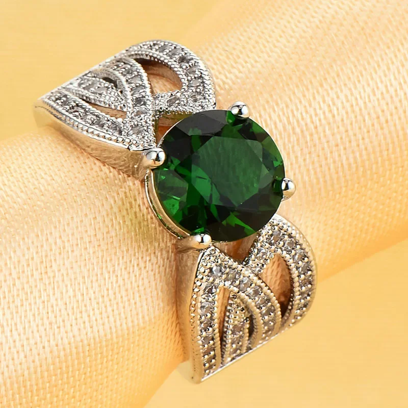

Fashion Green Stone Jewelry 925 Sterling Silver Hollow-out Infinity Round Circle AAA Zircon Rings for Women Love Wedding Jewelry