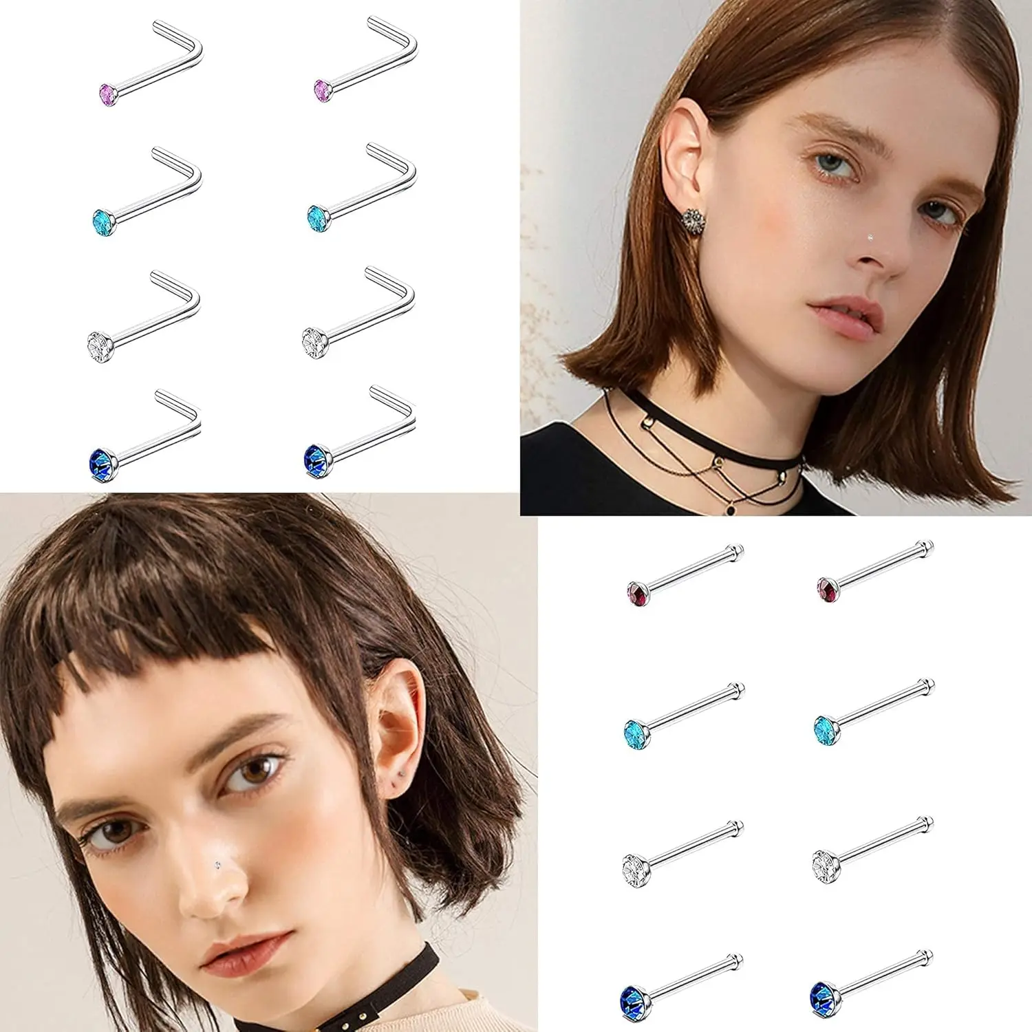 CASSIECA 60Pcs Nose Piercing Pin for Women Men Surgical Steel L Shaped Straight Nose Studs Pack Small Tiny Tragus Nose Jewelry