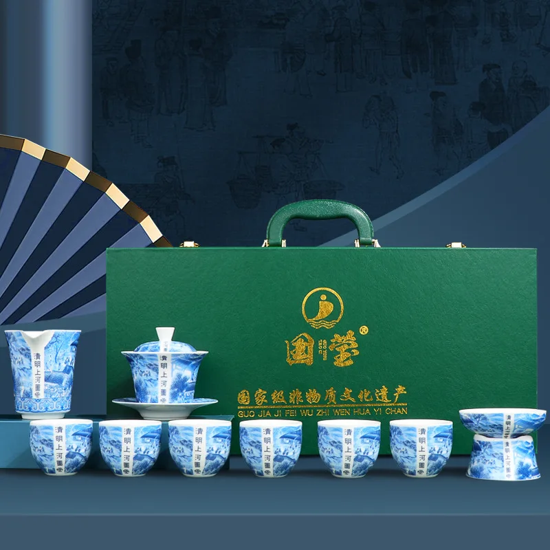 

Dehua Yangzhi Jade White Porcelain Kung Fu Tea Along the River During Qingming Festival Set для корпоративных мероприятий, открытий,