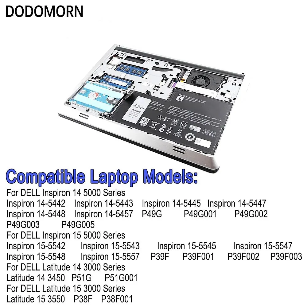 DODOMORN TRHFF Battery For Dell Inspiron 14 5445/5447/5448/5457 15 5545/5547/5548 Latitude 14-3450 15-3550 Laptop 11.1V 43Wh