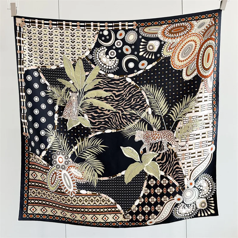 88x88CM African Jungle Tribal Twill Silk Scarf 100% MULBERRY SILK Women Leopard Ethnic Totem Print Large Square Scarf Gift
