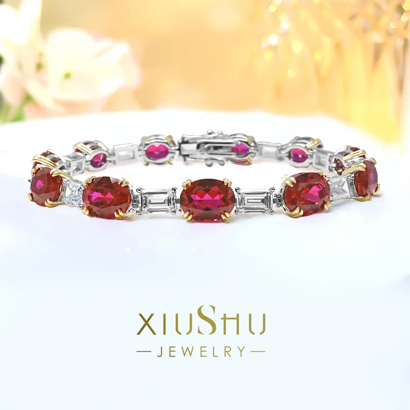 

Fashion Artificial Red Treasure 925 Sterling Silver Bracelet Inlaid with High Carbon Diamond Emerald Cut Versatile Girl