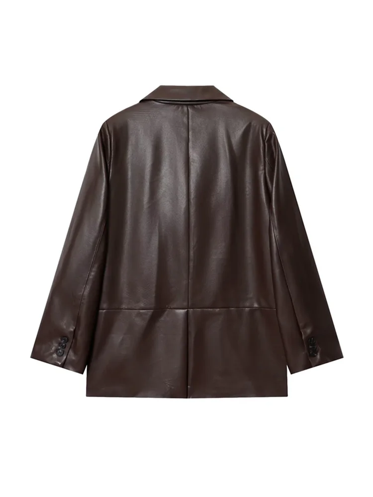 معطف بليزر نسائي أنيق من الجلد الصناعي فضفاض مناسب بنمط المال القديم وأكمام طويلة وزر أمامي ملابس خارجية أنيقة