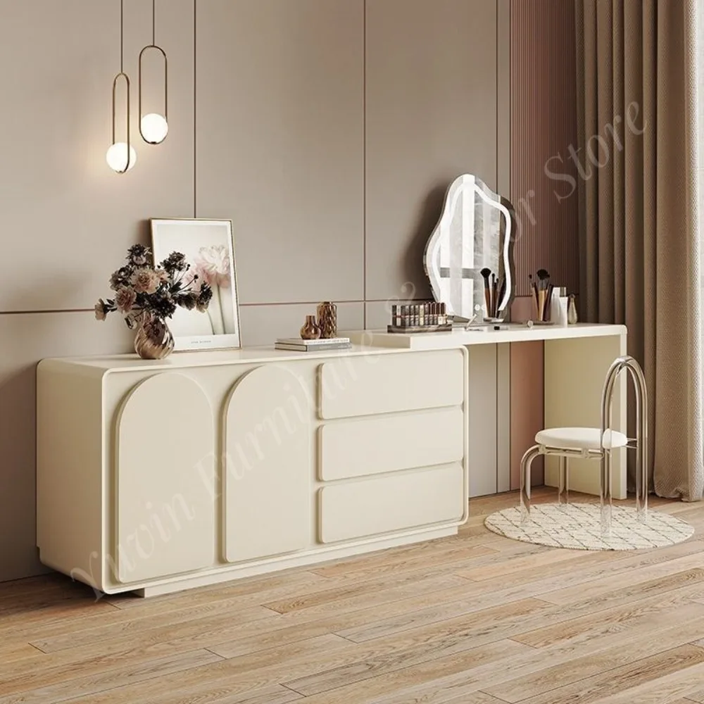 French Minimalist Solid Wood Multifunctional Vanity with Lighted Mirror Adjustable Features and Storage for Bedroom
