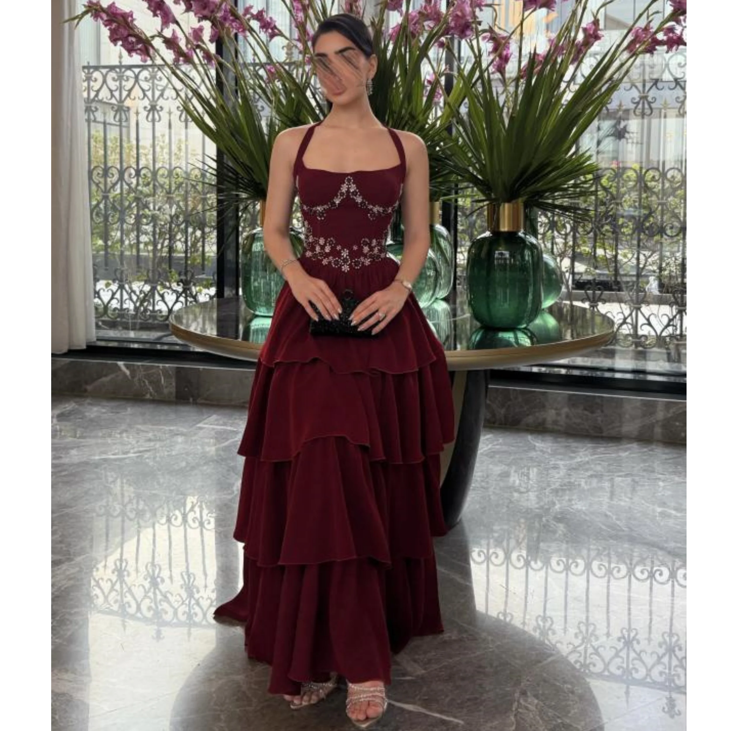 

Платья для выпускного вечера трапециевидной формы с лямкой на шее, многоуровневые вечерние платья без рукавов для женщин, свадебные халаты с бисером и блестками по индивидуальному заказу