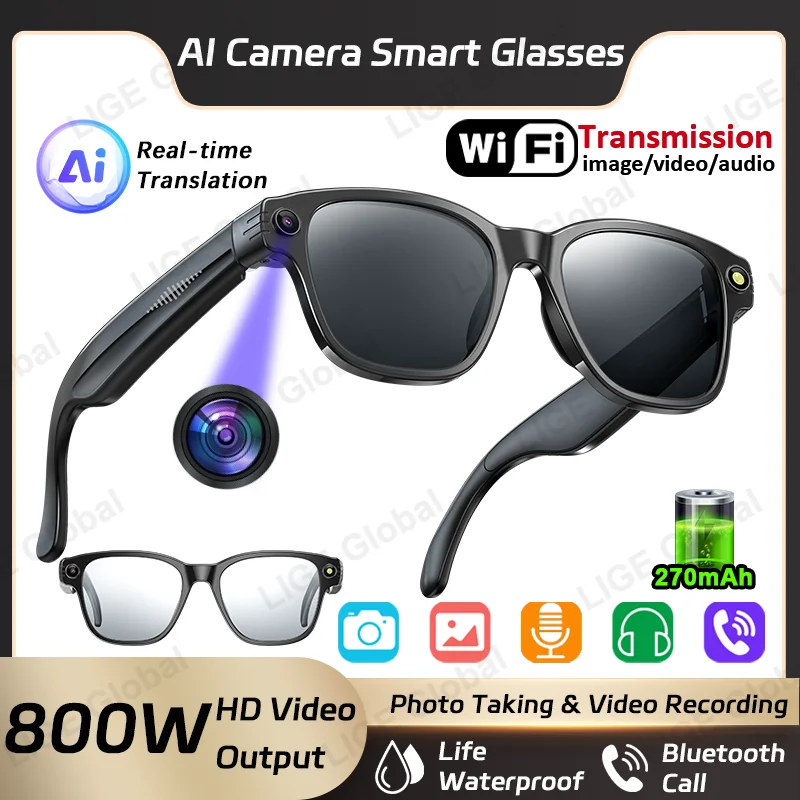 

LIGE Smart Bluetooth Glasses 800W Camera Recording Videos AI Photo Recognition Answer Translation Call 270mAh Battery Sunglasses