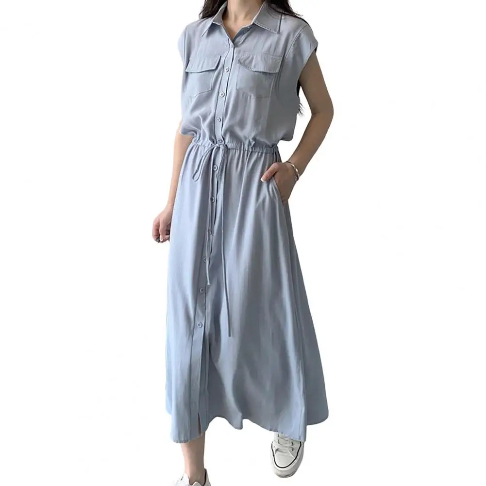 

Summer Sleeveless Dress Elegant Women's Spring Midi Dress with Drawstring Waist Pleated Side Pockets Chic Shirt Type for Office