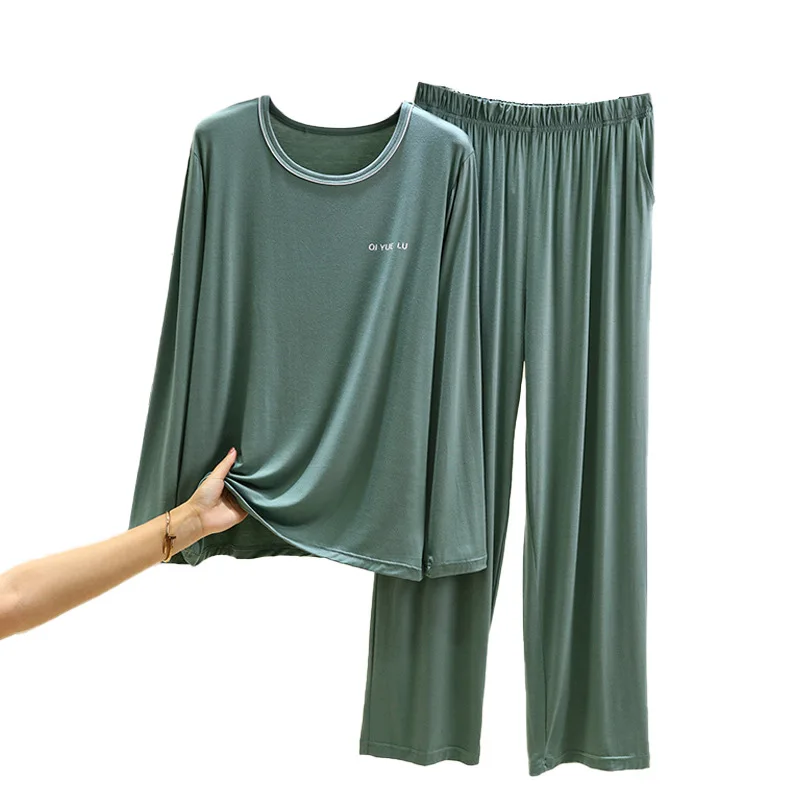 남성용 XL-4XL 파자마 라운드넥 긴팔 잠옷 세트 빅사이즈 모달 파자마 남성 봄 가을 홈웨어 피자마 옴브레