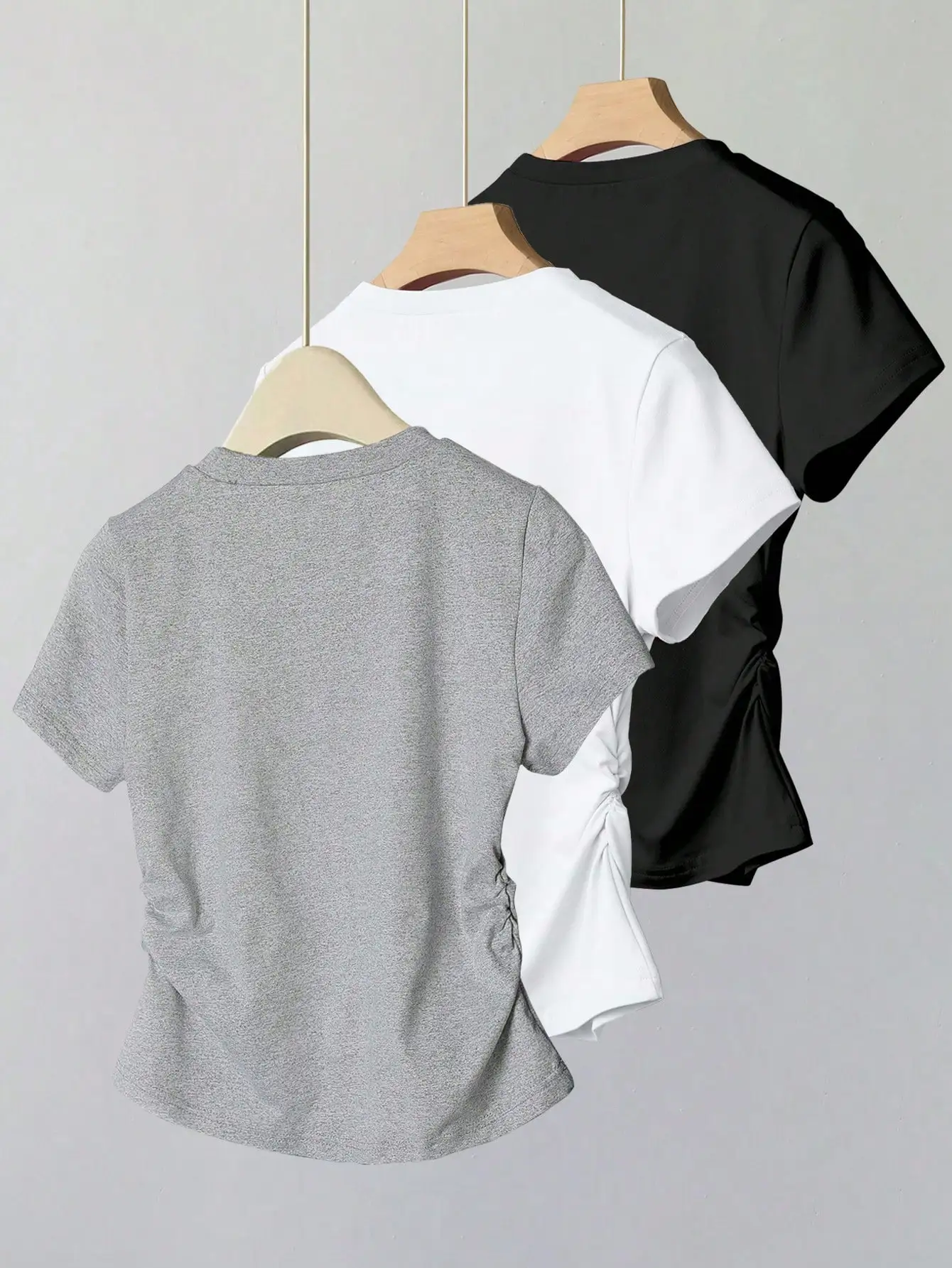 T-shirt casual da donna a maniche corte con vita arricciata, 3 colori per l'estate