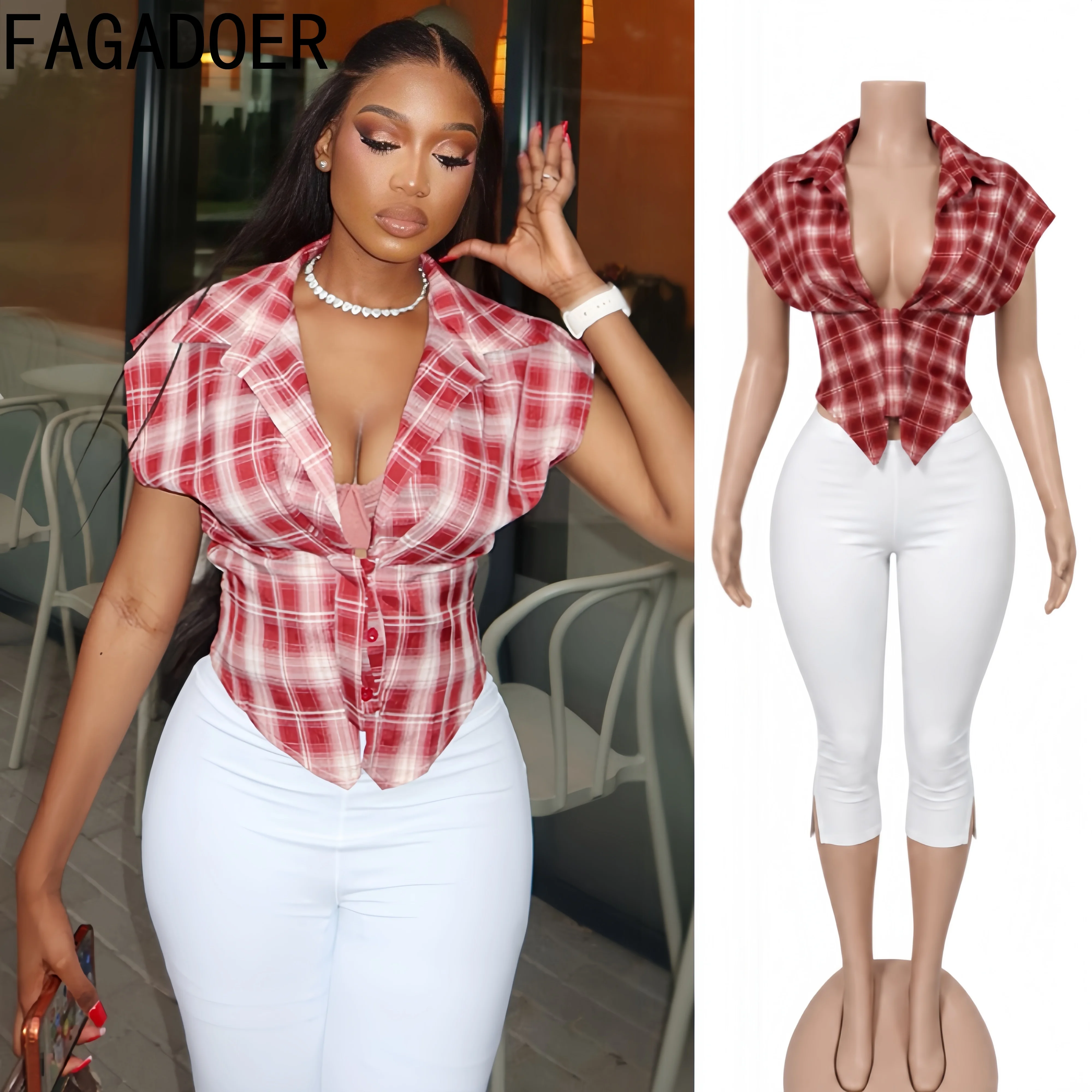 FAGADOER Women 2 Piece Outfit Lapel Plaid Tie Front Crop Shirt High Waist Split Capri Leggings Bodycon Matching Set Streetwear