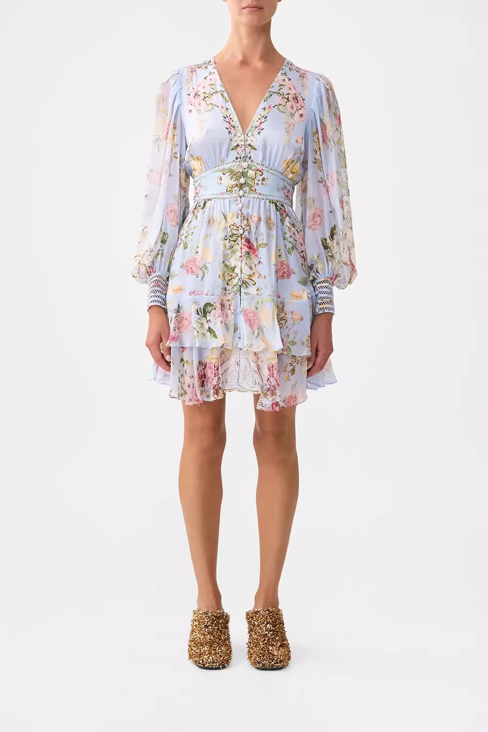 

Женское мини-платье из 100% шелка с кристаллами и бисером, с цветочным принтом, с высокой талией, v-образным вырезом и длинными рукавами, вечерние женские синие халаты