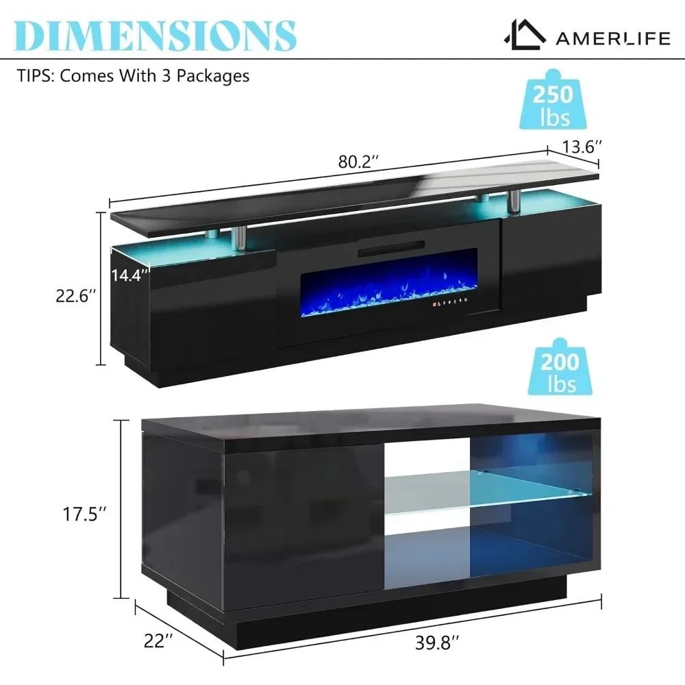 Conjuntos de mesa de sala de estar de 3, incluem suporte de TV com lareira de 2 camadas de 80", mesa de centro com prateleiras de vidro, luzes LED media Cente