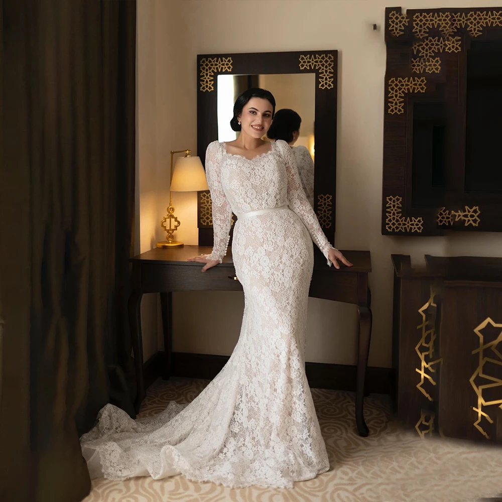 

Lace Wedding Dresses Sweetheart Long Sleeve Mermaid Brides Dress with Button Elegant Bridal Gown Customized robe de mariée