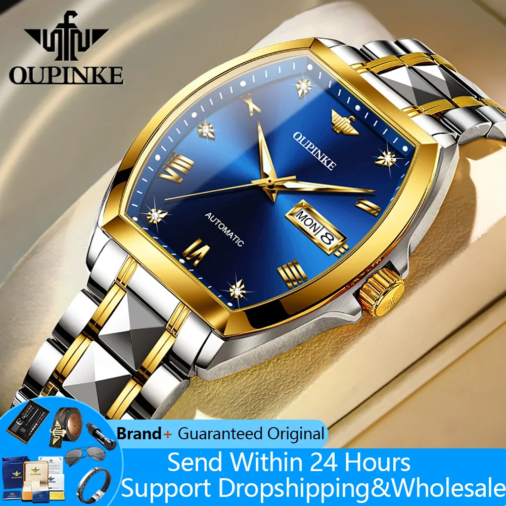 

OUPINKE 3200 Automatic Men Watch Tonneau Roman Scale Dual Calendar Mechanical Watch For Men Waterproof Luxury Dress Wristwatches