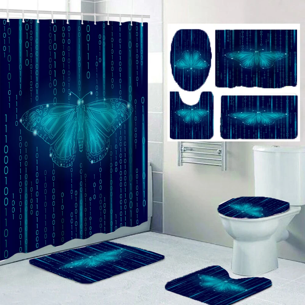 

1/4 Technology Butterfly shower Curtains, Toilet Seat Decoration, Shower Curtain with Carpet and Toilet Lid, 12 70.8x70.8 inch H