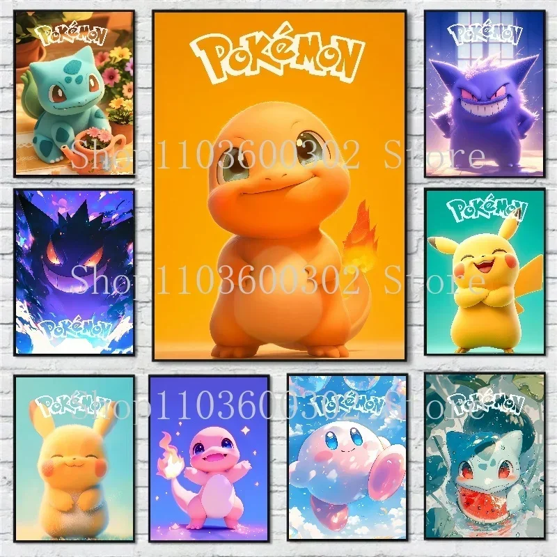 

Famous Anime Pokemon Poster Cute Pikachu Charizard Gengar Printed Canvas Painting Art Children's Room Decoration Painting Gift