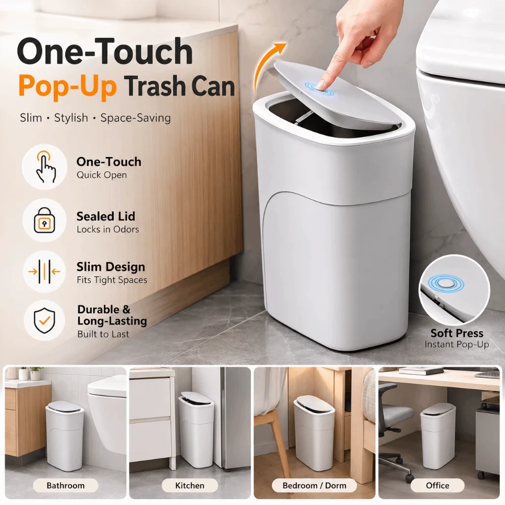 Slim Narrow Gap 11L Bathroom Trash Can Odor-Free Seamless Waterproof Garbage Bin with Lid One-Touch Pop-Up Living Room Dustbin