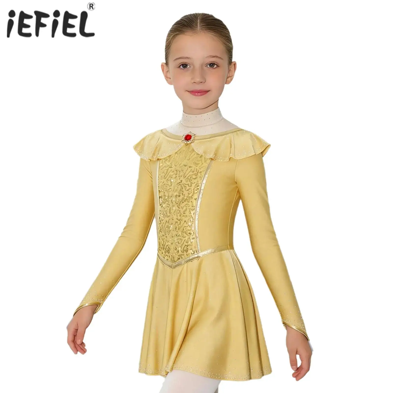 

Kids Girls Sequins Decor Ballet Tutu Dance Performance Costume Sparkly Rhinestones Long Sleeve Back Cutout Princess Dress