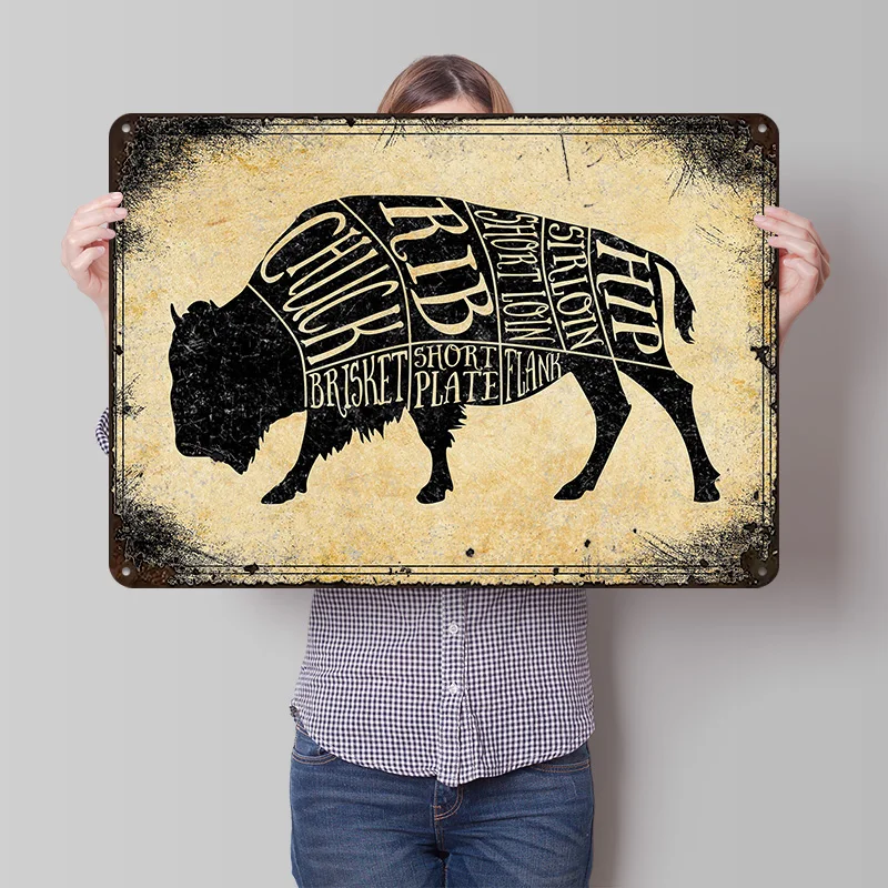 Buffalo Butcher Cuts Tin Poster Customized Wall Art Retro Vintage Metal Signs for Fans Room Gaming Decoration Garage Wand Deko