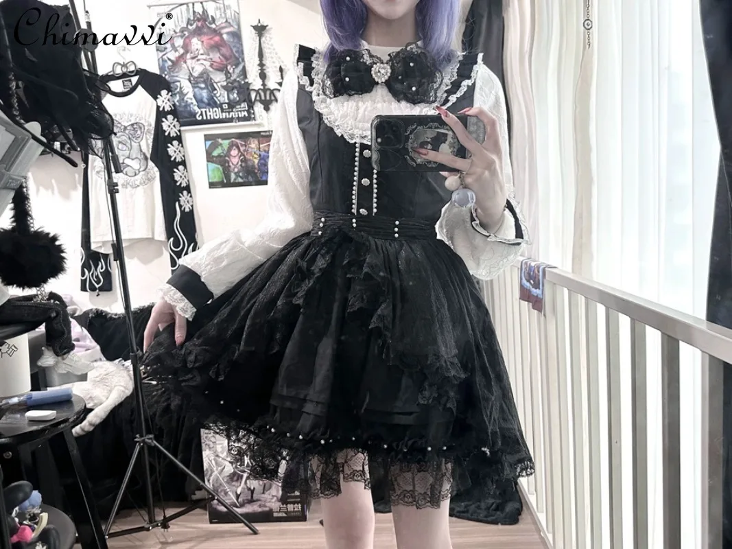 

Original Mass Production Dress Japanese Gothic Cover Hem Sweet Cool Girl Cute Bows Pearl Elegant Short Black Lolita Dress