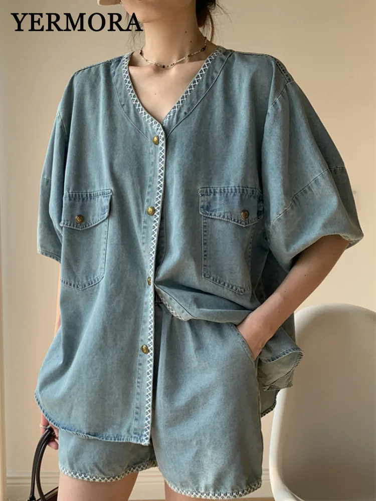 

YERMORA Women Two Pieces Blue Pockets Button Vintage Blouse V-neck Half Sleeve Loose New Shorts Fashion Tide Spring Summer 2025