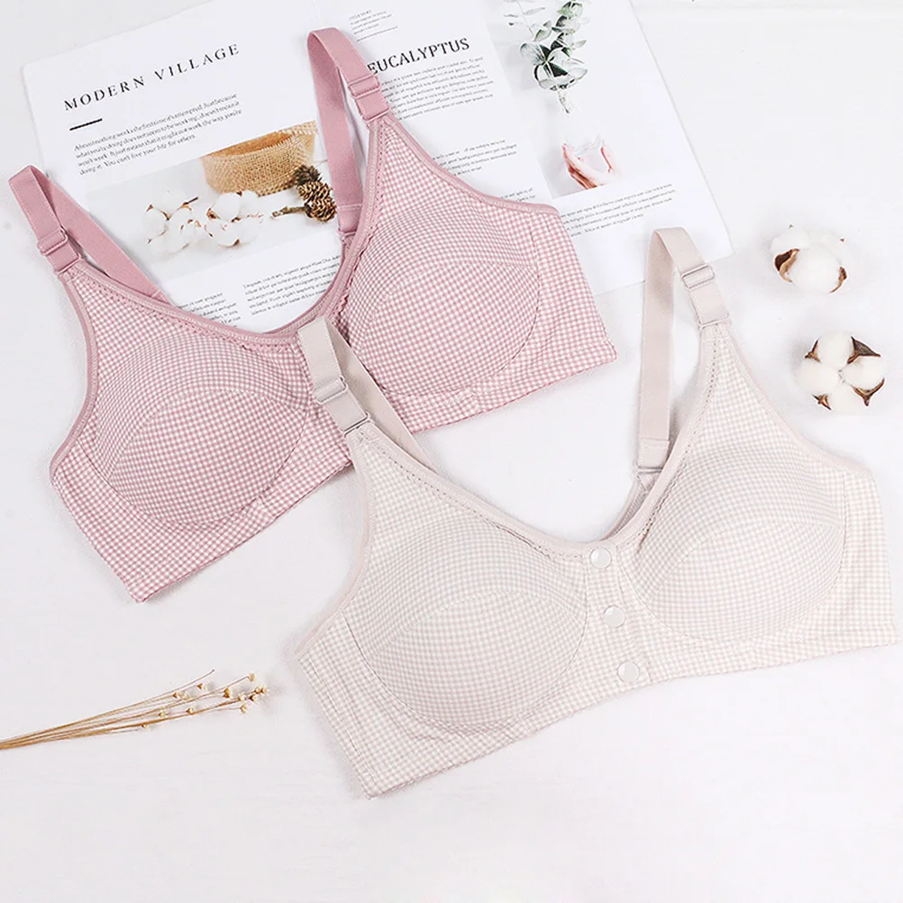 Grey Plaid Front Button Nursing Bra Breathable Seamless Adjustable Comfortable Maternity Breastfeeding Brassiere 95b