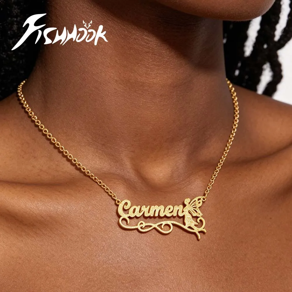 Bling Fairy Angel Wing Glitter Sand Necklace Personalized Name Custom Gift For Men Woman Mother Chain Stainless Steel Jewelry