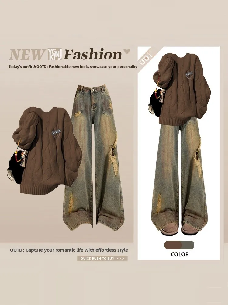 Faionable Streetwear Maglione marrone e jeans denim distrutti Set da due pezzi per donna Completo casual invernale Hong Kong Sle