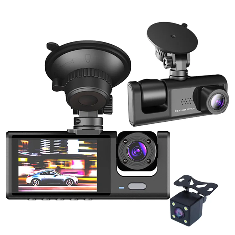 Cámara DVR de 3 canales para coche, videocámara de salpicadero de 1080P, 3 vías, visión nocturna IR, grabación en bucle, Monitor de estacionamiento