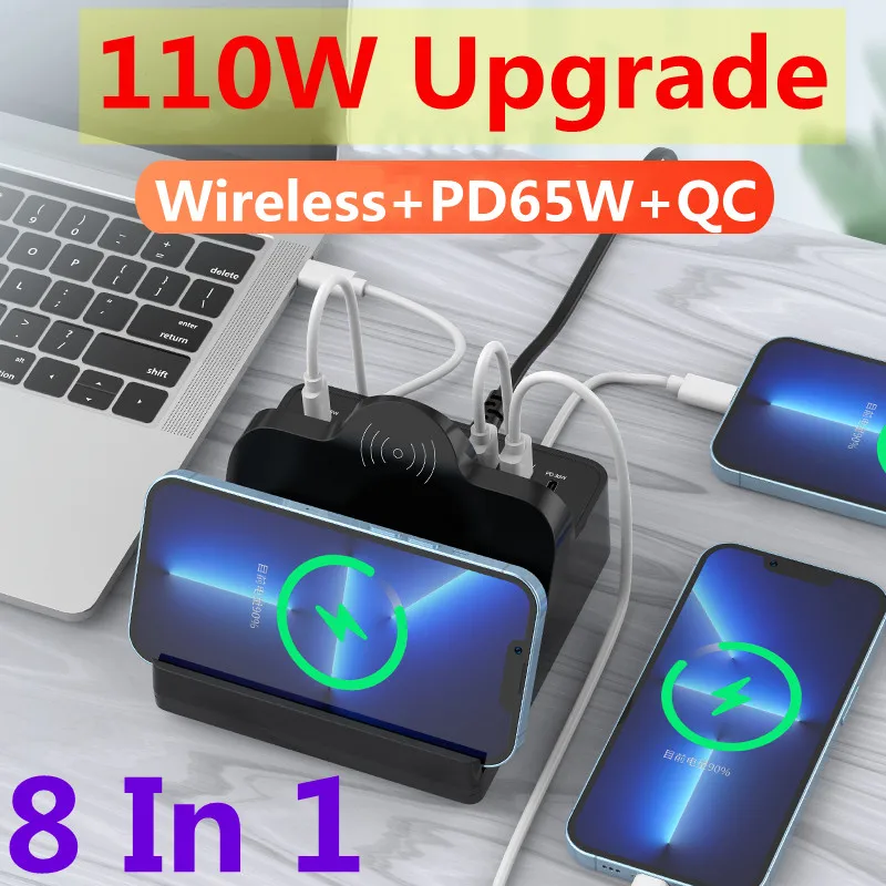 110W Wireless Charger 8 In1 USB Chargers Station Fast Wireless Charging QC3.0 PD3.0 Quick Charge For iPhone Xiaomi Tablet Laptop