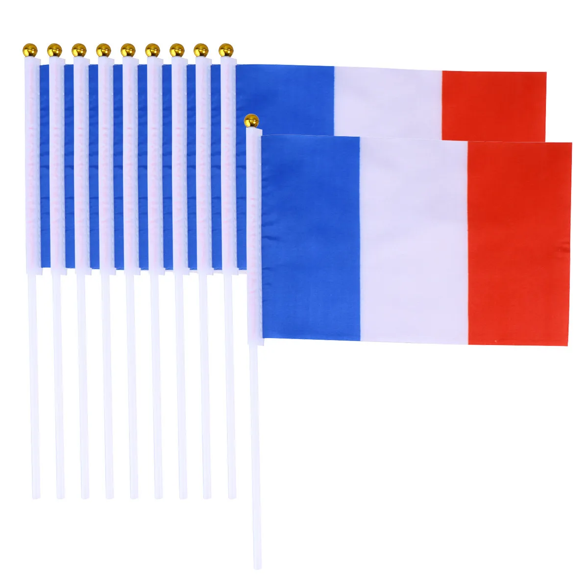 10Pcs France Hand Held Flags Mini Plastic Waving Flag 14x21cm Gold Ball Stick International Sports Fans Cheer Accessories