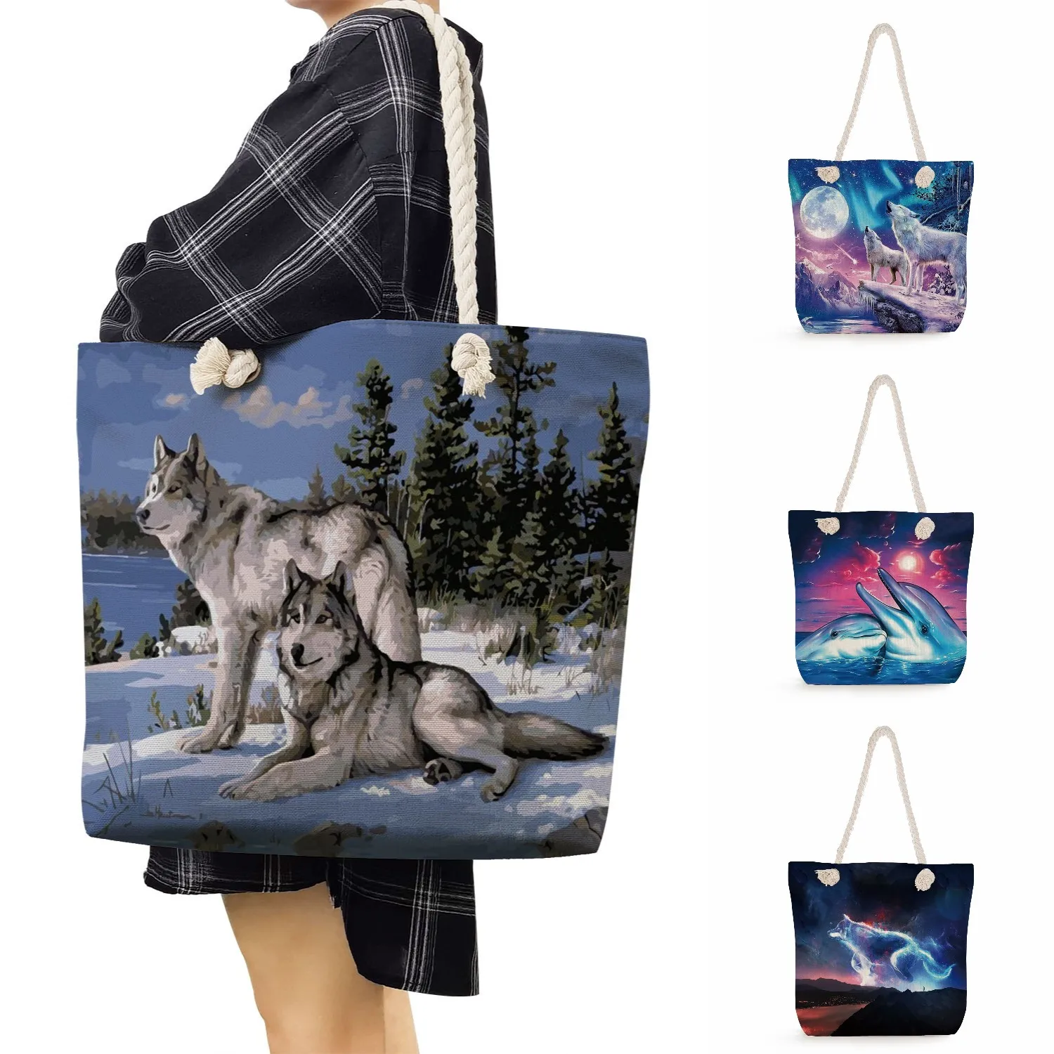 Animal Design Thick Rope Shoulder Bags For Women Portable Wild Wolf Whale Print Handbags Cool Style The Tote Travel Shopping Bag