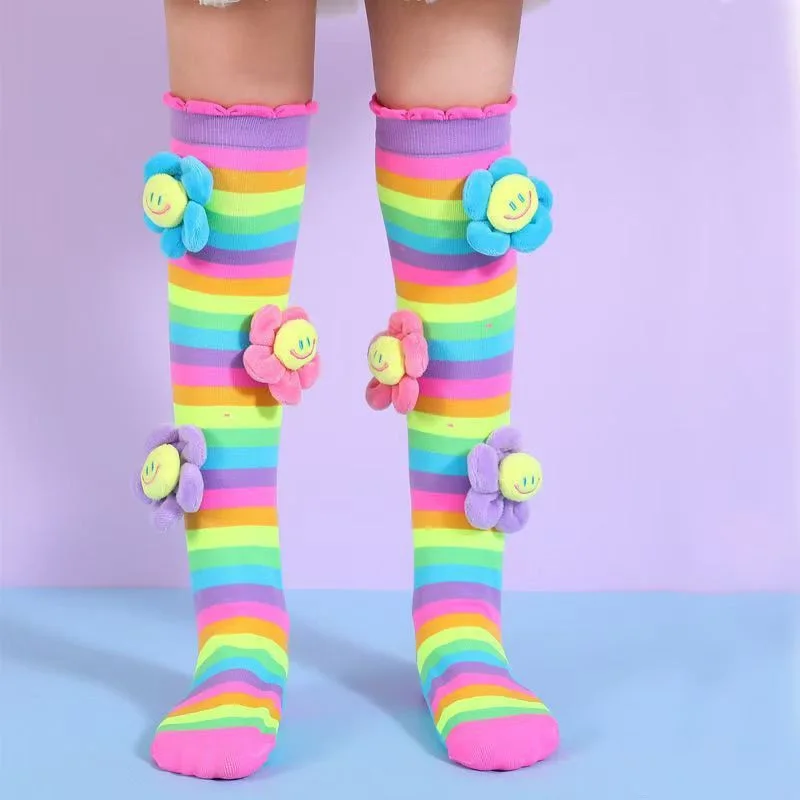 Lange kniehohe Röhrensocken für Mädchen, lustiges 3D-Design, neuartige, bunte, nicht thermische Kinderstrümpfe in Regenbogenfarben – Detail 4