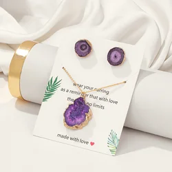 Purple Irregular Druzy Agates Ear Studs Nacklace Jewelry Set Natural Stone Crystal Mineral Stud Earrings Necklace Women Jewelry
