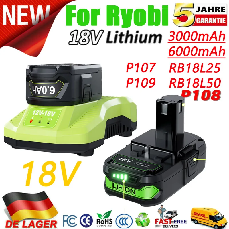 

For Ryobi 18V Cordless Tool Battery RB18L25 P107 P108 P109 P102 P103 3/6Ah For Ryobi 18V Replacement Lithium Battery