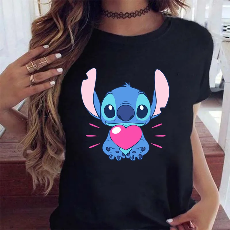 New Fashion Female Clothing Cartoon Disney Stitch Women\'s T-shirt Summer Short Sleeve Black Tops