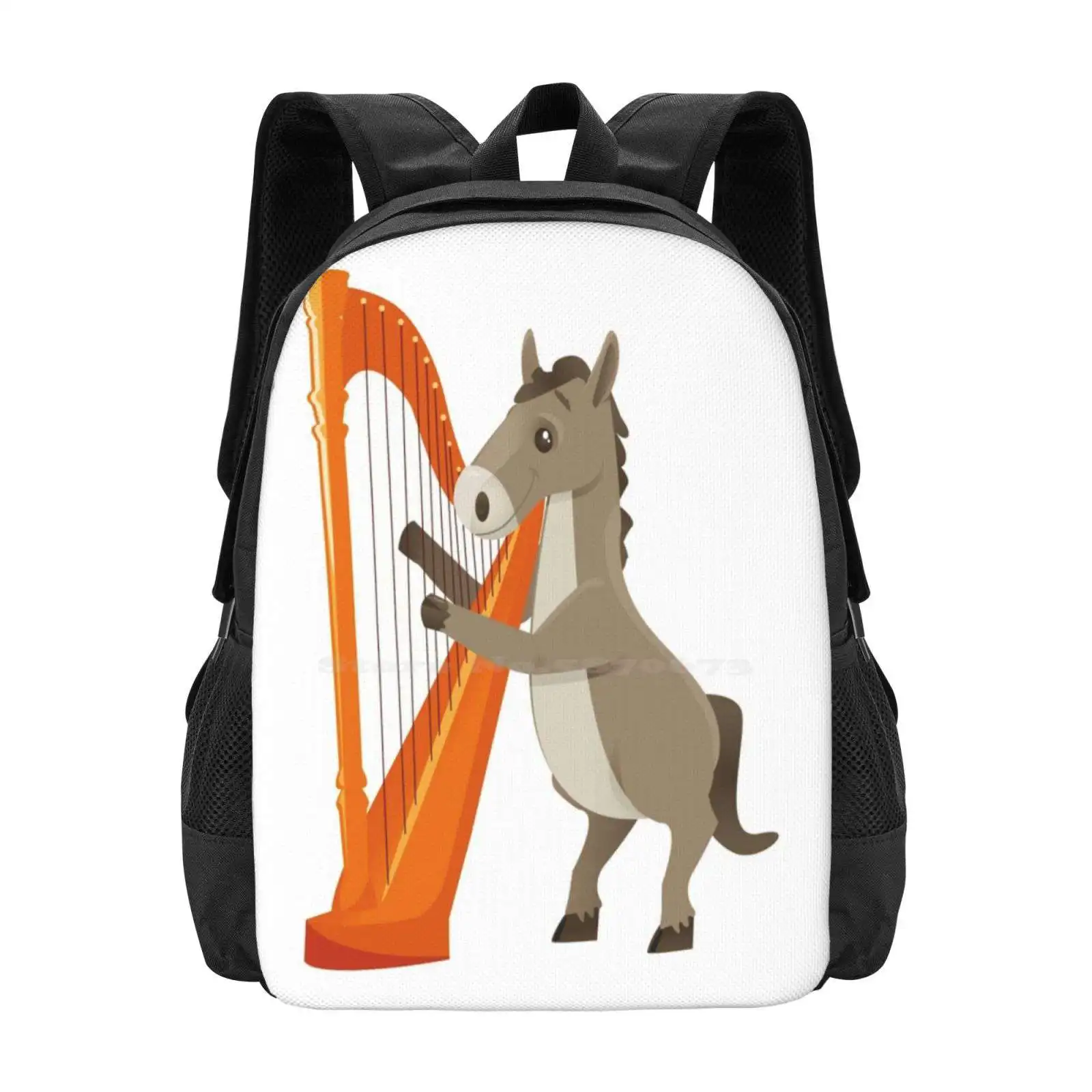 Cartoon Donkey Playing Music With Harp School Bag Big Capacity Backpack Laptop Donkey Harp Playing Instrument Musical Dance