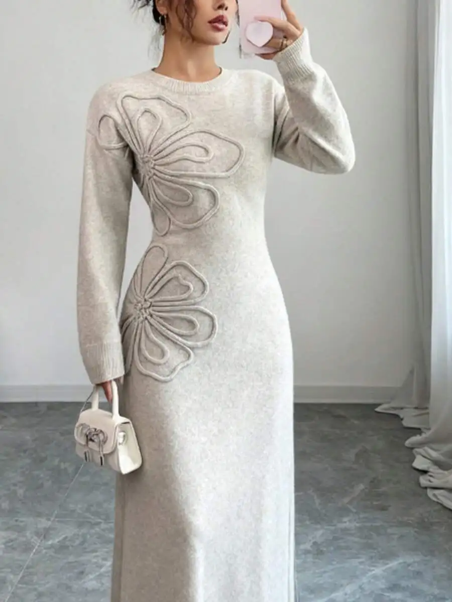 

Elegant Floral Embossed Knit Sweater Dress with Turtleneck, Long Sleeve, Midi Length