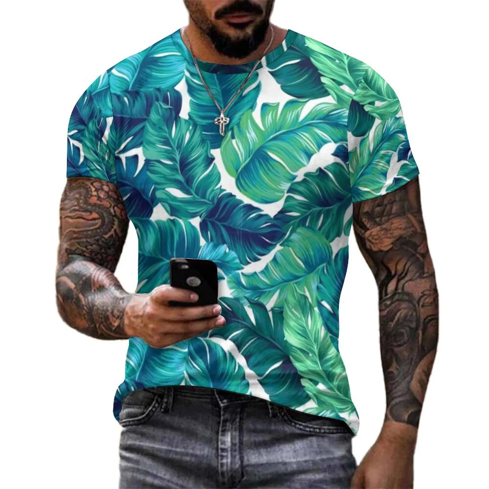 Tropical Print T Shirt For Men Funky Banana Leaf Pattern O Neck T-Shirts Summer Fashion Clothes -Street Style Big Size Tee Shirt