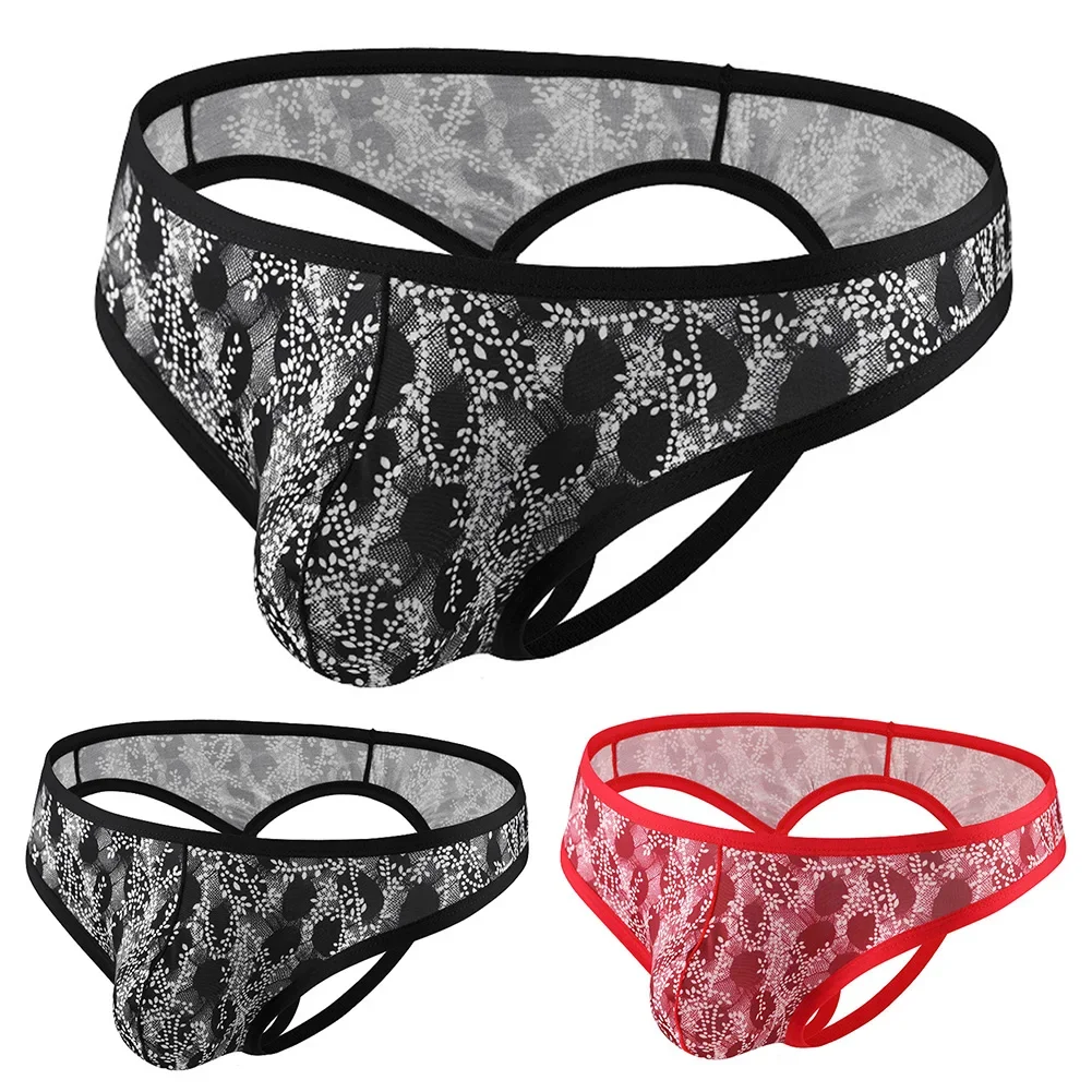 New Men Sexy Printed Lace Backless Briefs Hollow Out Pouch Panties Lingerie Low Rise Jock Strap Underpants Slim Thin Male Thongs