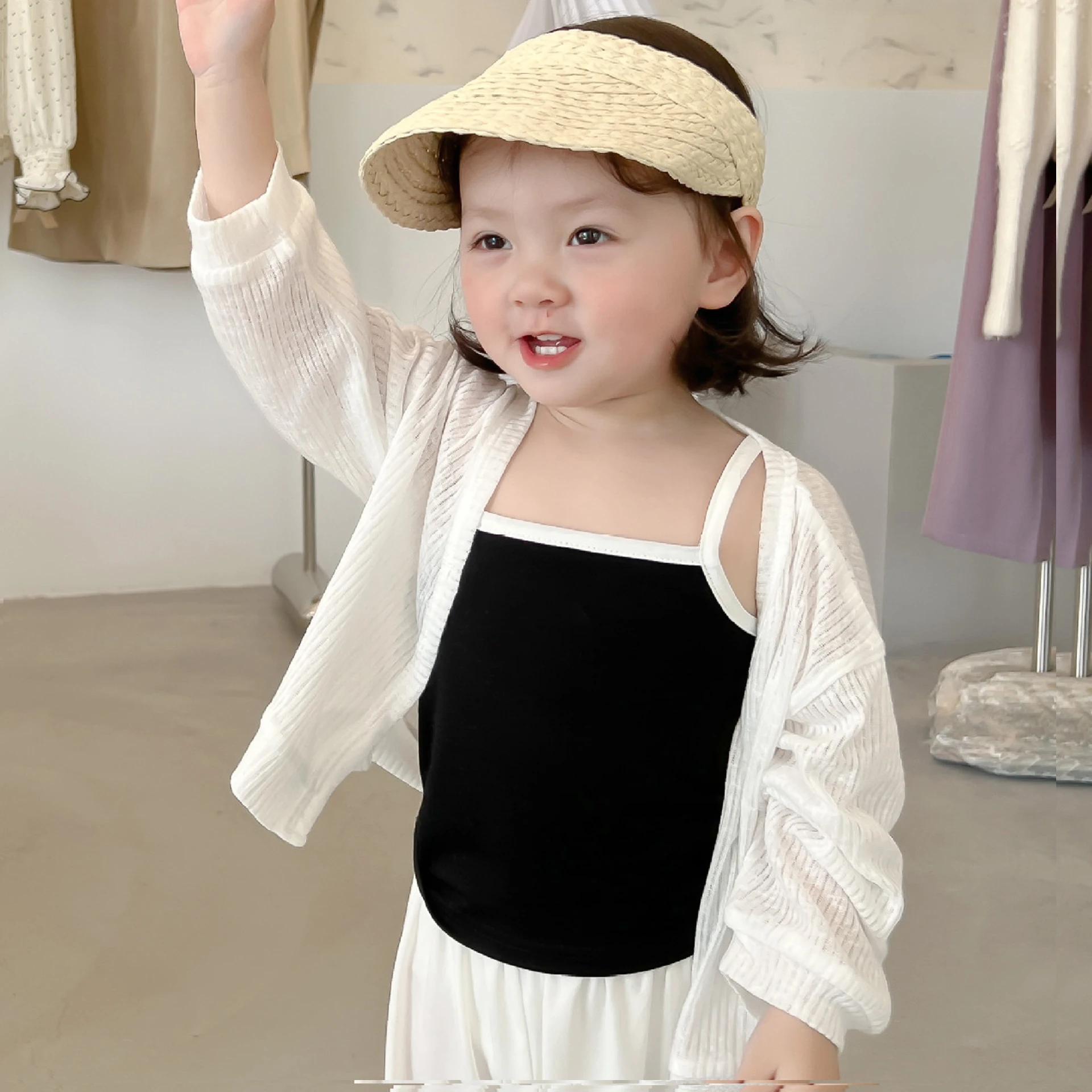 2025 Children's Air Conditioning Clothing Girls' Summer Coat Thin Breathable Sun Protection Shirt Kids V-neck Cardigan Top