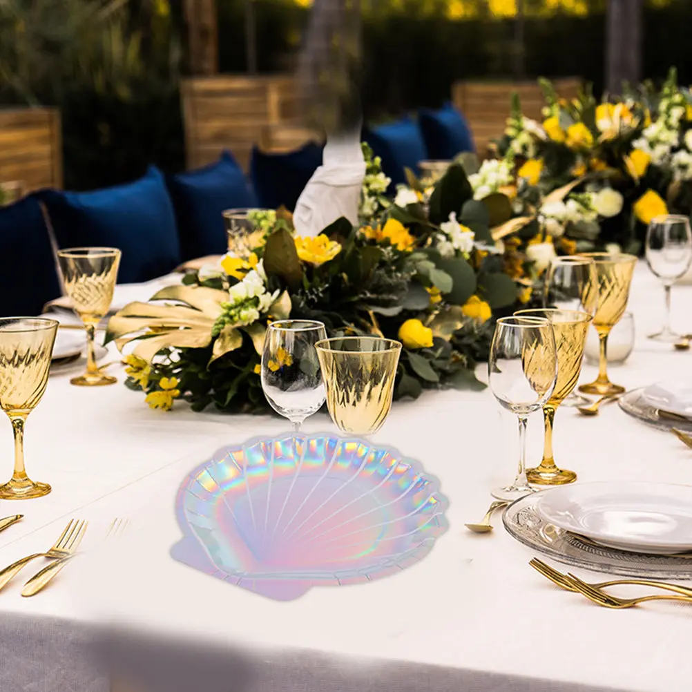 16Pcs Seashell Shaped Mermaid Paper Plates Holographic Shimmer Disposable Party Dinnerware Ideal for Cake Dessert Snack Food