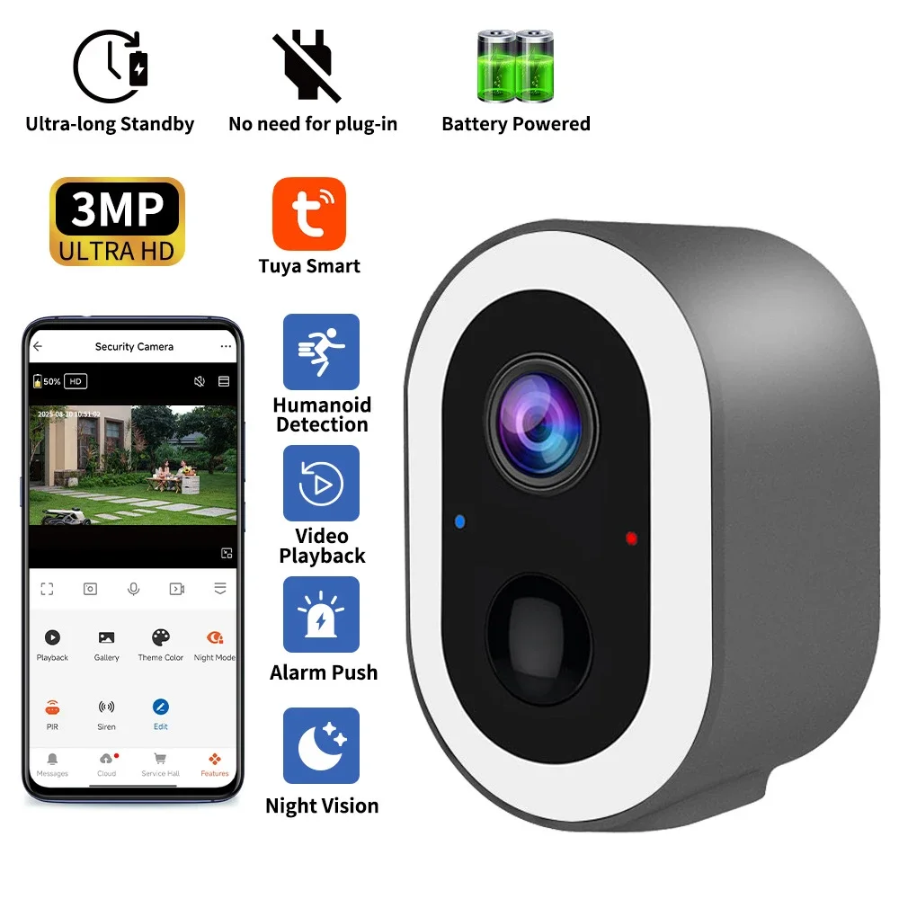 3MP Tuya الحياة الذكية بطارية تعمل بالطاقة في الهواء الطلق واي فاي مراقبة الأمن PIR كاميرا كشف الحركة للرؤية الليلية CCTV كاميرا صغيرة