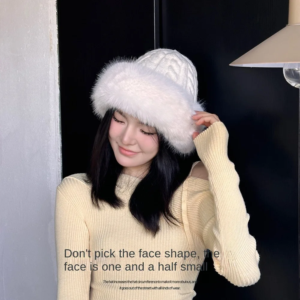 Elegant Korean Style Faux Fur Bucket Hat Thicken Keep Warm Plush Fisherman Hat Knitted Twists Winter Women Hat Outdoor