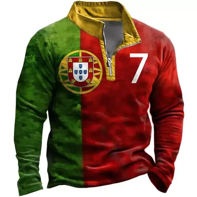 Portugal Flag Men Long Sleeve Polo Shirt Custom Name Men Zipper 3d Sweatshirt Pullover Casual Stand Collar Jacket Clothes Men